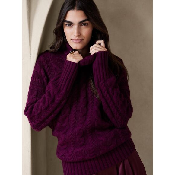 Banana Republic Chunky Cable Knit Merino Wool Cashmere Sweater Turtleneck Large - Picture 1 of 13